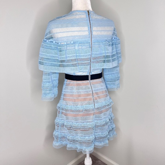 Self-Portrait Baby Blue Stripe Grid Lace Tiered Ruffle Mini Dress 4 - Picture 5 of 8